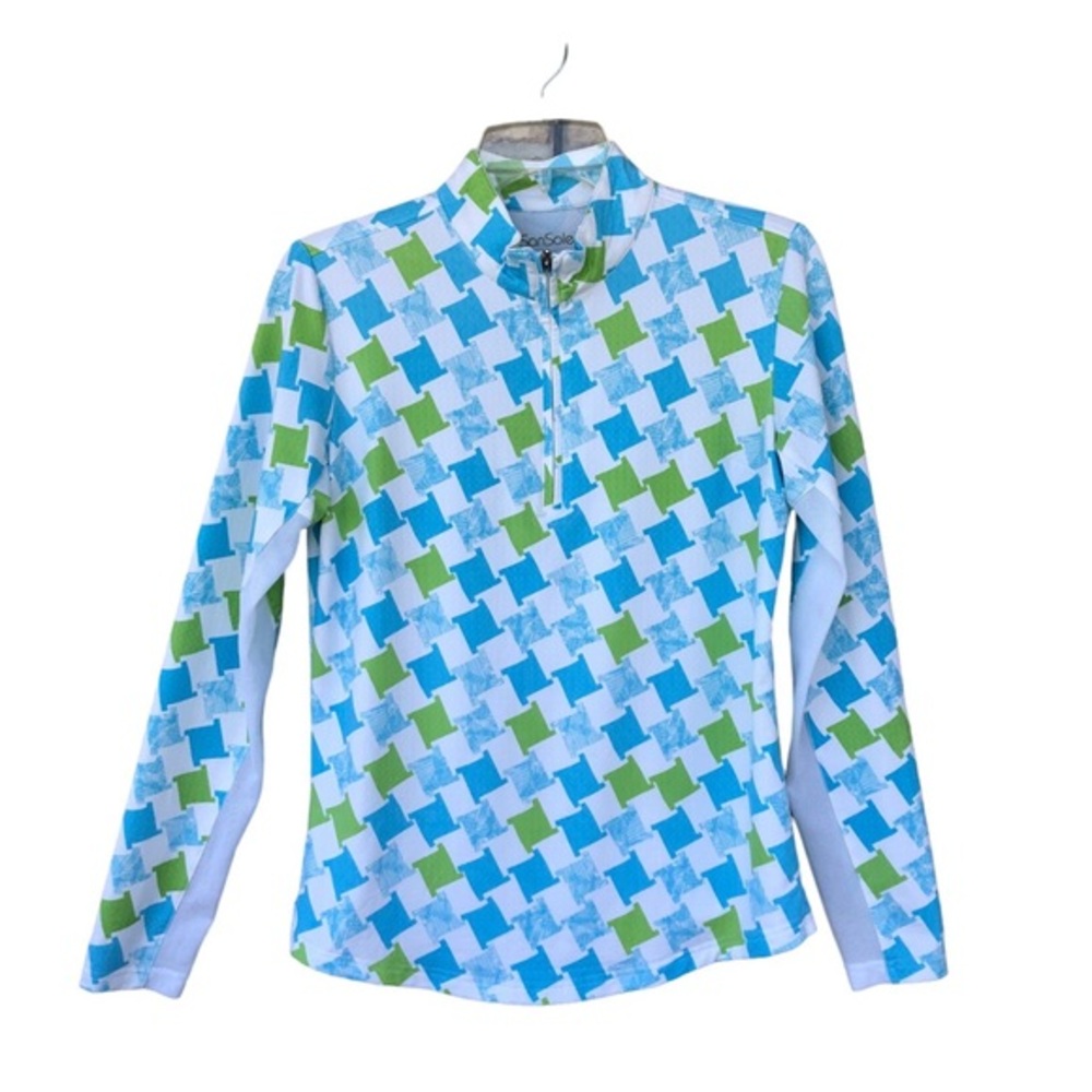 SanSoleil‎ 1/4 Zip UV 50 Cooling Green Blue Mesh Sleeve Panel Golf Pullover S